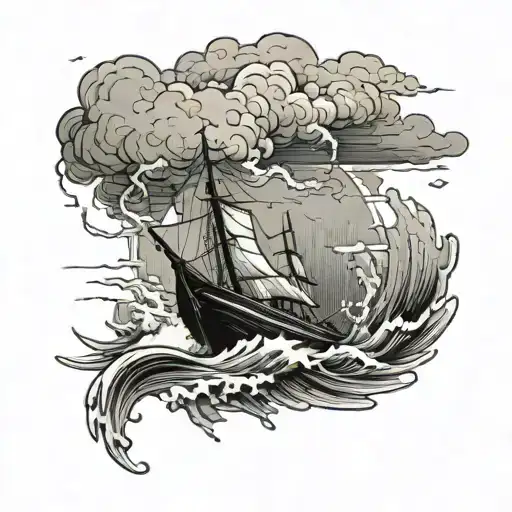 Boat On Big Ocean Swell With A Storm Clouds And Lightning