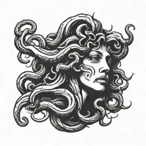 Medusa Gorgon In Minimalistic Sketch Style On A Piece Of Ancient Stone Slab