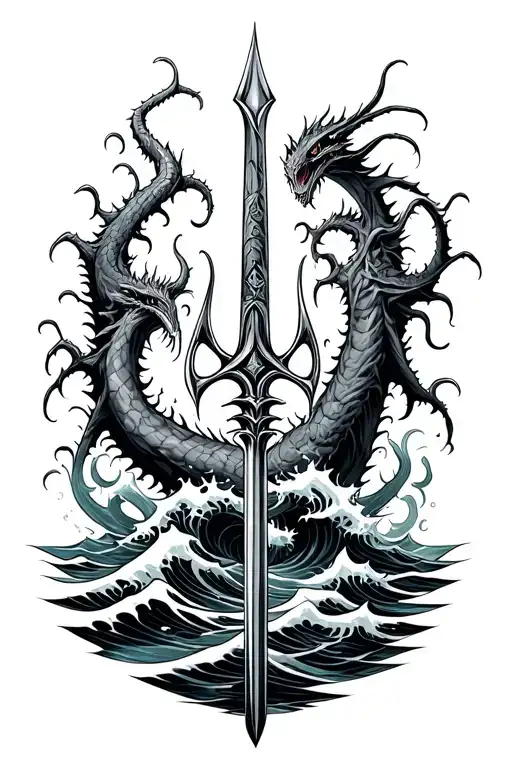 Trident Surrounded With Waves And Sea Monster Emerging No Background