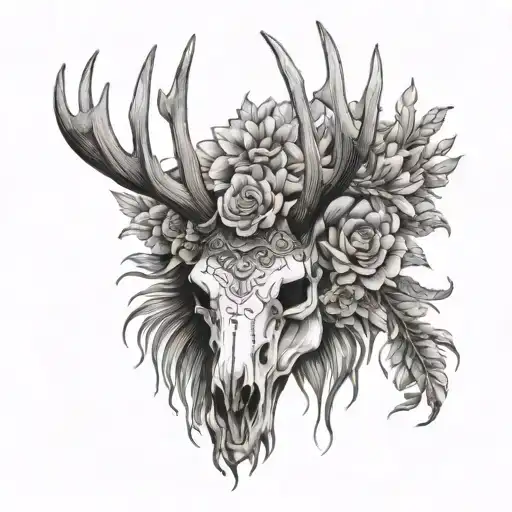 Elk Skull Wearing War Bonnet Flower