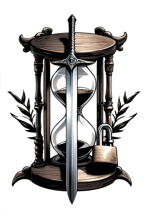 Sword In Front Of Hourglass And Padlock Locked