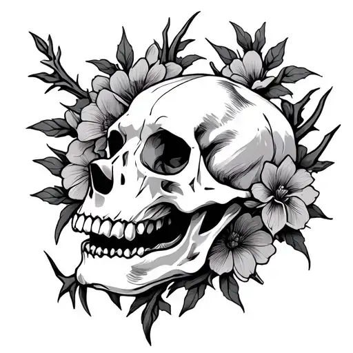 Canine Skull With Thorns And Flowers Intertwined