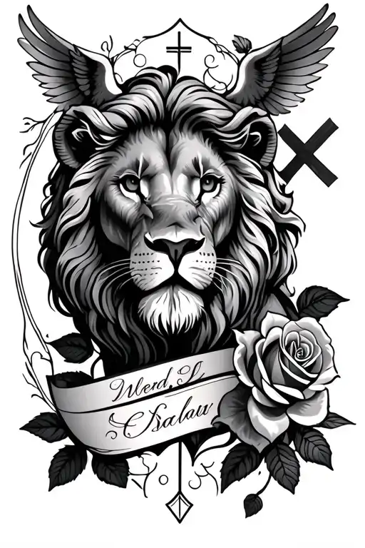 Rose And Lion And Dove And Cross And Name Writing