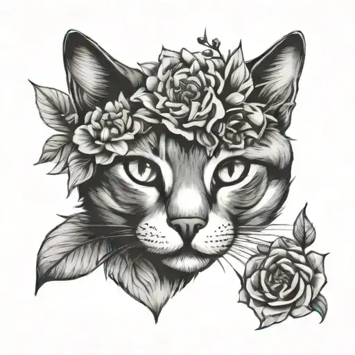 Frontal Cat Face With Flowers On The Sides