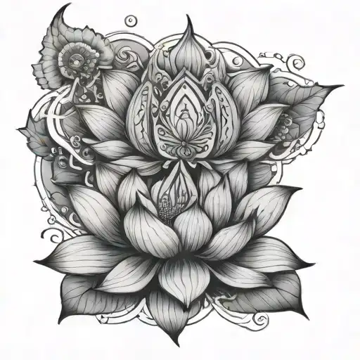 Hindu And A Lotus Flower Fine Line