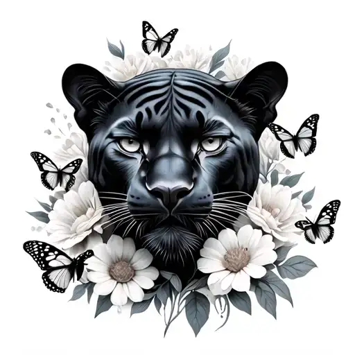 Please Create A Photo Of A Black Panther Surrounded By Flowers And Butterflies