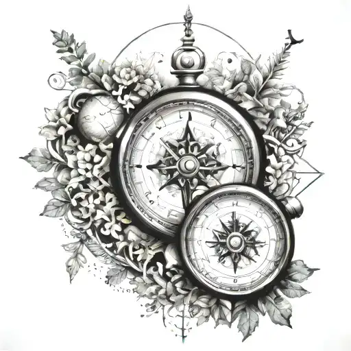 Tree Compass Watch Heart Sleeve Tattoo Design
