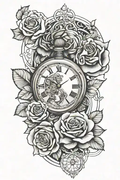 Geometric Line Art Tattoo Design Featuring A Pocket Watch And Roses