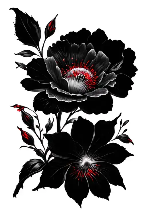 Floreal Black Fine Tatto With Little Red Traits In Hexcore Style