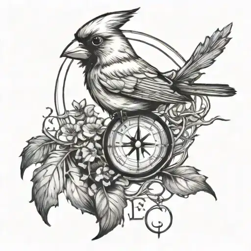 Cardinal Perched Holding Compass In Talons Flying Through Branches