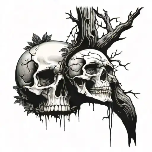 A Tree Growing Out Of A Skull's Right Eye Socket Set Entwined Facing The Camera