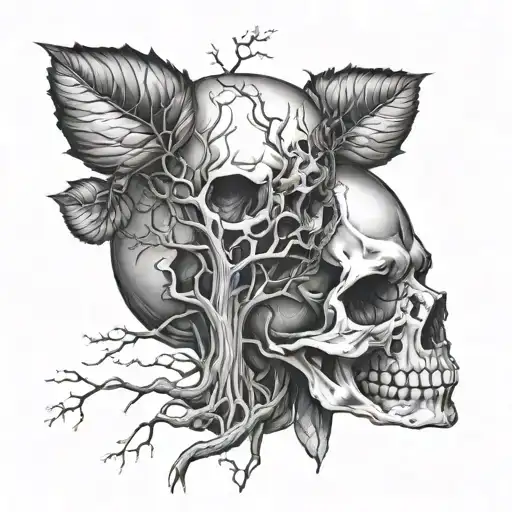 A Tree Growing Out Of A Skull's Right Eye Socket Set Entwined Facing The Camera
