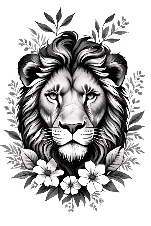Feminine Lion Head Facing Front Surrounded By Flowers And Plants