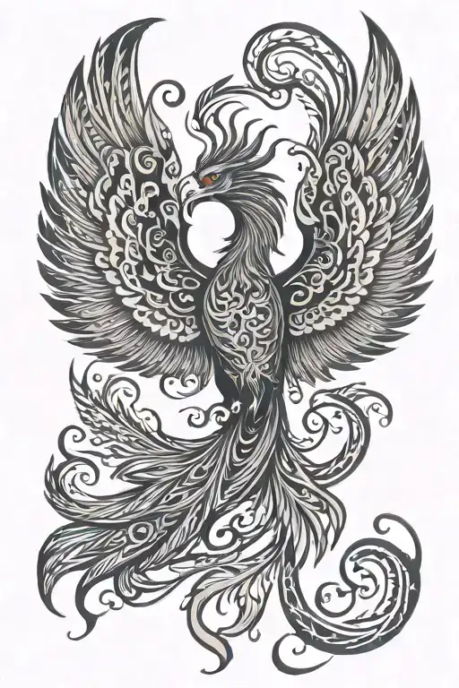 Tribal Phoenix Flying With Wings Open & Unalome Symbol
