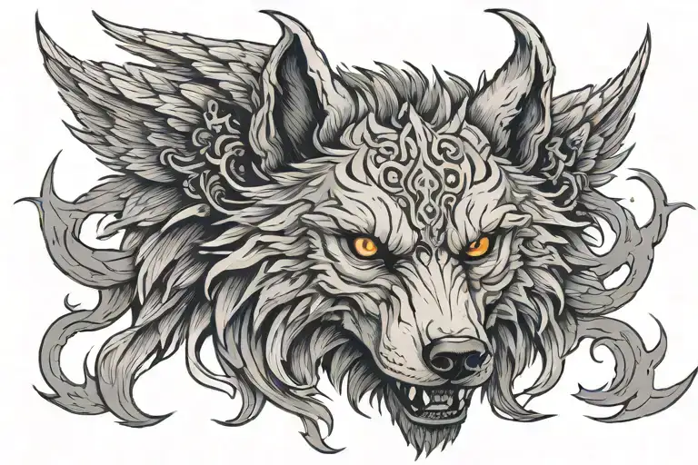 Giant Wolf Head With Demonic Angelic Wings Features