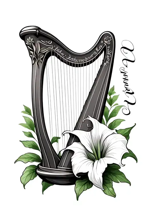 Irish Harp With Irish Writing Next To It With An Irish Peace Lily Black And White