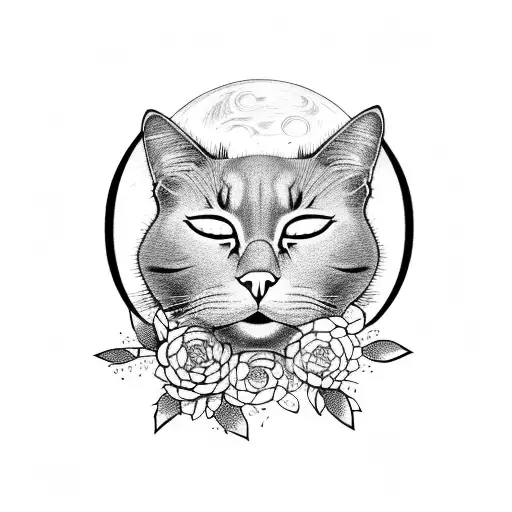 A Line Art Of A Black Cat Sleeping With A Moon And Flowers