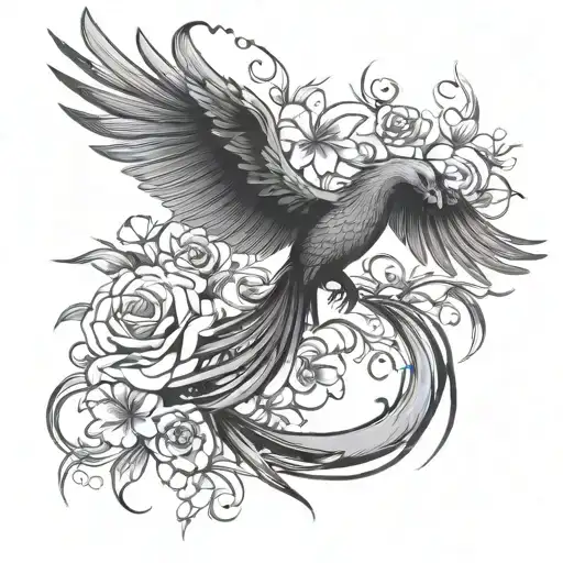 Elegant Phoenix Flying With Flowers