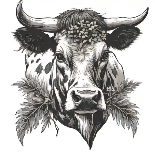 Western Cow With Pine Tree Andfloral