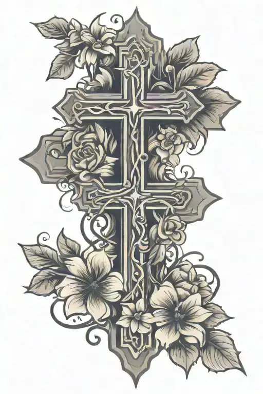 Small Simple Line Cross With Flowers On A Vine Wrapped Around It That Flow Down Past The Cross