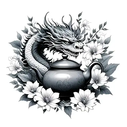Chinese Dragon And Tea Pot Surrounded By Blooming Flowers Intertwined