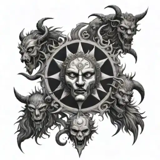 Sun And Moon With Several Faces Around Demons Wanting To Catch
