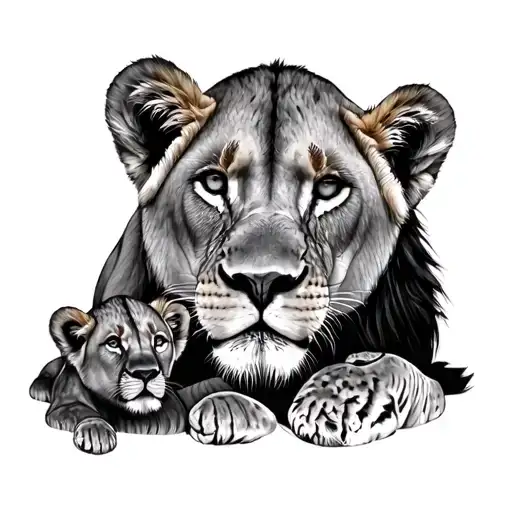 Lioness Tattoo And 4 Lion Cubs