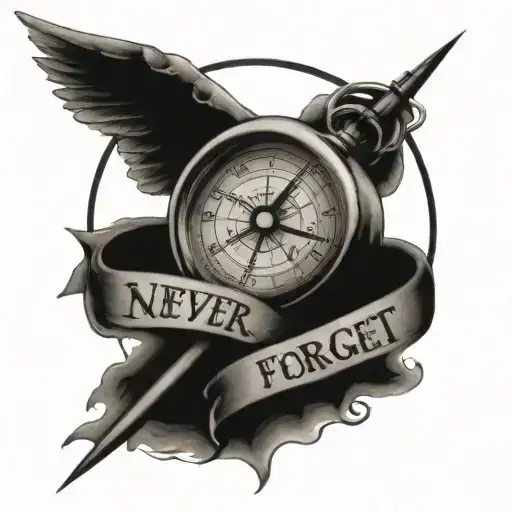 Clock With Hands Facing Pointing To 1 Saying Never Forget With A Compass Rose