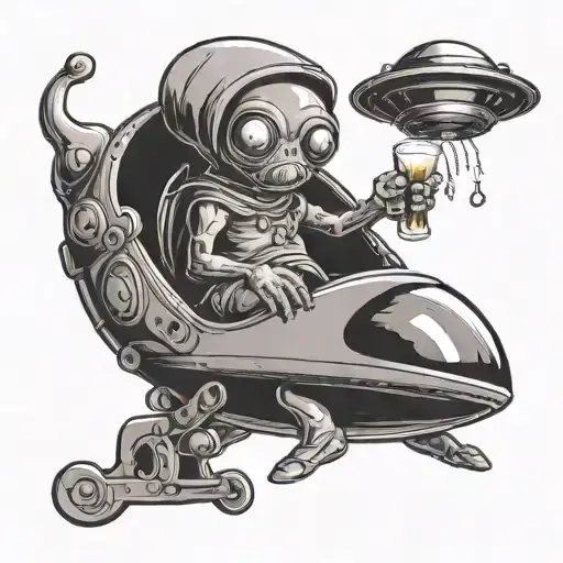 Draw Me A Tattoo Of A Little Alien Holding A Beer In His Hand And Being Abducted By A Flying Saucer