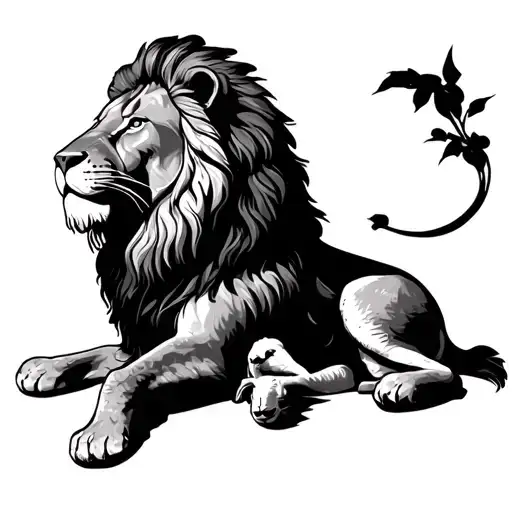 Lion Of Judah With Lamb Laying Looking