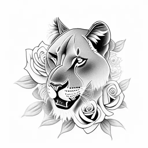 Design A Black-grey Tattoo Showcasing A Fierce Female Lioness Surrounded With Roses And Lily Flowers
