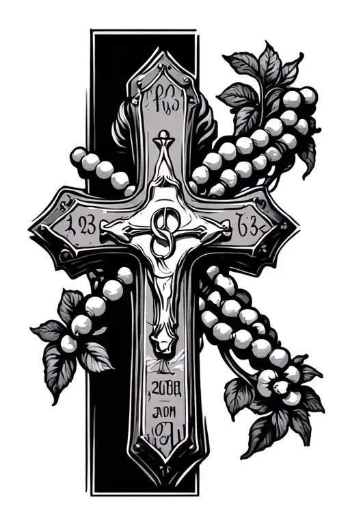 Cross With Prayer Beads Intertwined With Birth Dates In The Tips Of The Cross Line Work