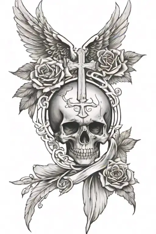 Angel Wings And Halo Cross Skull Roses Entwined