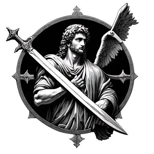 Arch Saint Micheal Hold A Sword Downwards Centered On His Chest