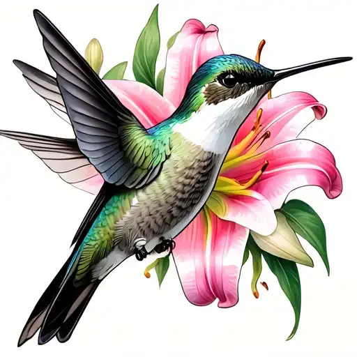 Hummingbird And Pink And White Lillie's