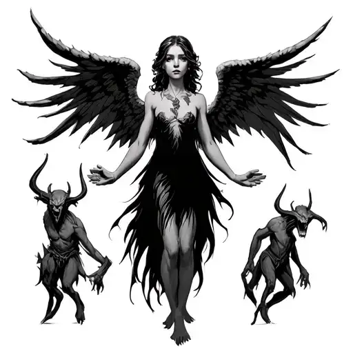 Angel Girl In Full Height With Open Hands From Below Demons
