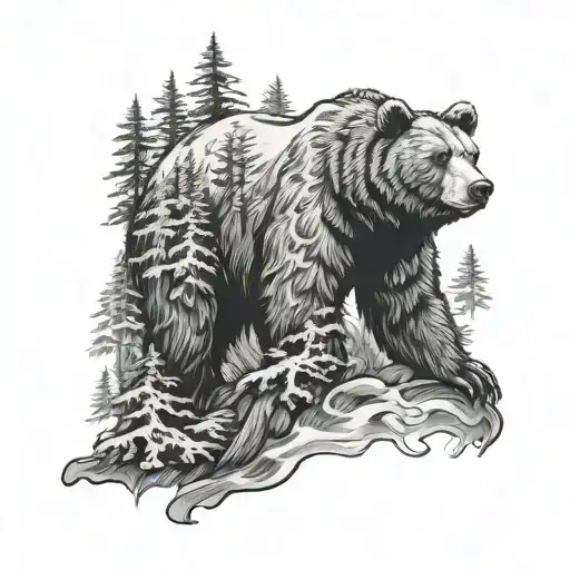 Bear In Forest Hunting Salmons