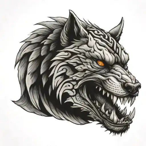 Snake In The Jaw Of A Wolf Head