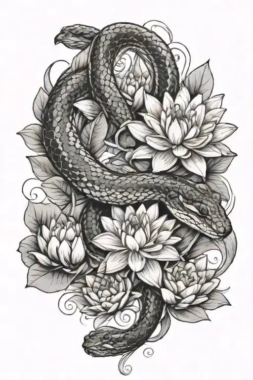 Water Python And Water Lilly Tattoo Design For Female Upper Arm