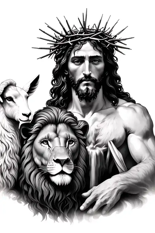 Jesus With Crown Of Thorns On Head Surrounded By The Lion And The Lamb