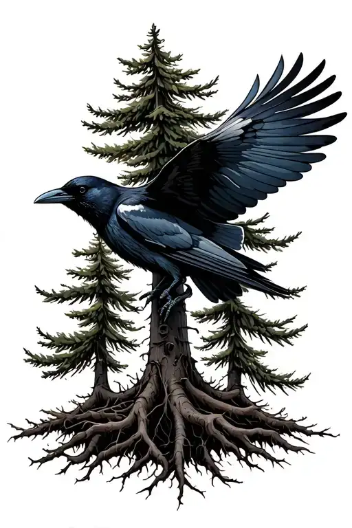 Crow Flying Surrounded By Slim Pine Trees With Roots
