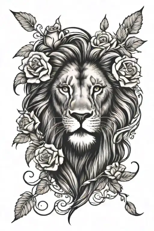Lion And Roses With Vines Wrapping