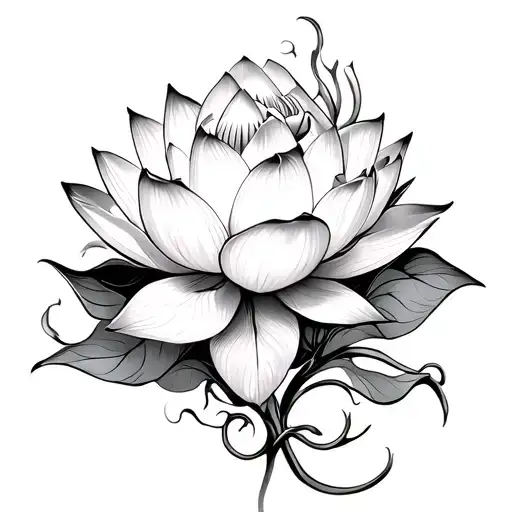 Three Lotus Flower Blooming With Vines As A Straight Line