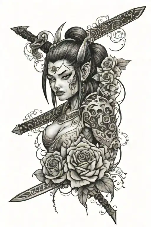 Oni Mash With Roses And Sword And Pretty Girl