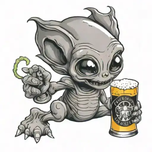 A Cute Little Alien Holding A Beer In His Hand And Getting Abducted