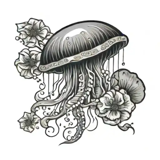 Line Tattoo Of Jelly Fish Swimming With Flowers And Water
