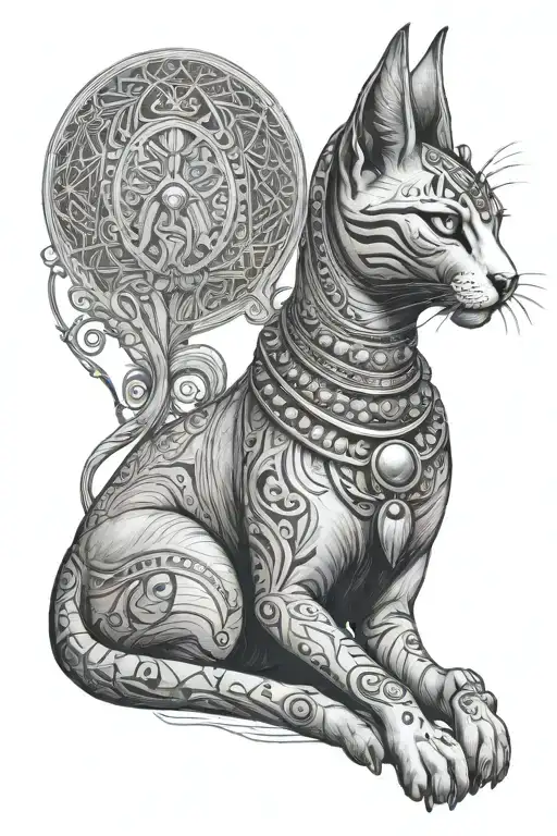 Bastet Side Sitting Female Full Body Drawing