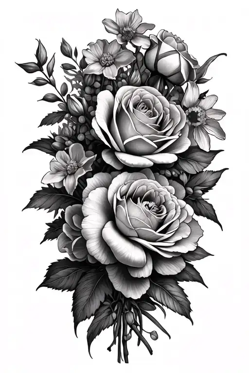 Bouquet Of Rose And Peony And Narcissus Flowers With More Negative Space And Diagonal Placement