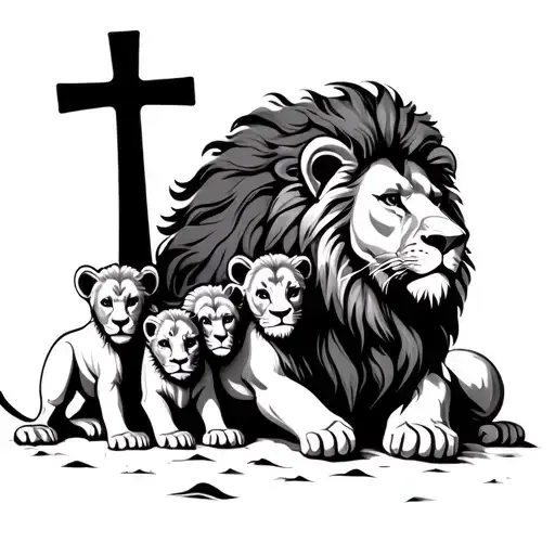 Male Lion 3 Cubs And Cross Tattoo Design