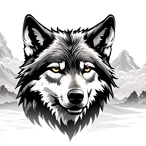 Wolf Head With Skies On Background